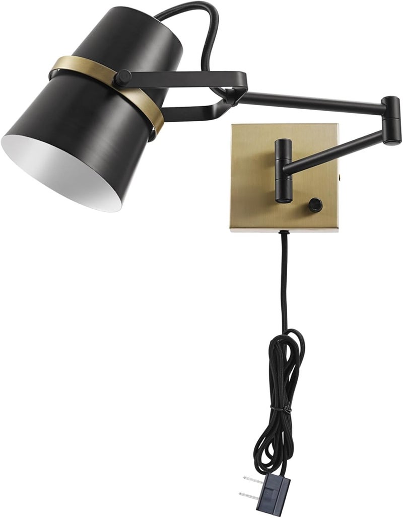 Globe Electric 51345 1-Light Plug-in or Hardwire Swing Arm Wall Sconce, Matte Black, Brass Accents, 6ft Woven Fabric Cord, Flat Plug, Rotary Switch, Modern Light for Apartments and Rental - Image 1