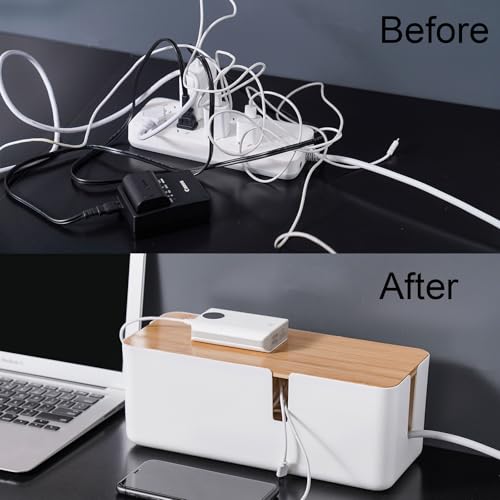 Changsuo Small Cable Management Box with Bamboo Lid for Extension Cord Power Stripe Surge Protector Wire Concealer Organizer Cover Hider (White) - Image 2