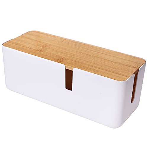 Changsuo Small Cable Management Box with Bamboo Lid for Extension Cord Power Stripe Surge Protector Wire Concealer Organizer Cover Hider (White) - Image 1