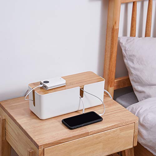Changsuo Small Cable Management Box with Bamboo Lid for Extension Cord Power Stripe Surge Protector Wire Concealer Organizer Cover Hider (White) - Image 3