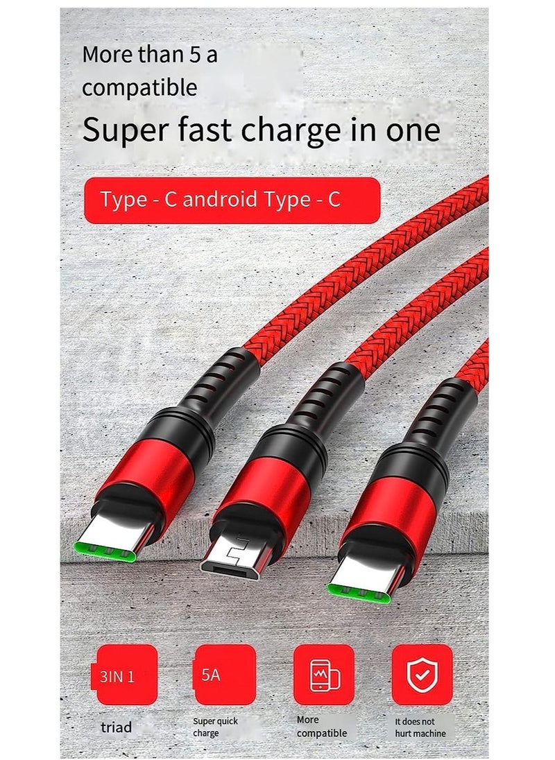 Generic - 3 in 1 CE Certified, Lighting/Type C/Micro Multi 5A Fast Charging Cable for iPhone Port 3A /Huawei/Oppo Vooc/Xiaomi/Honor - Image 1
