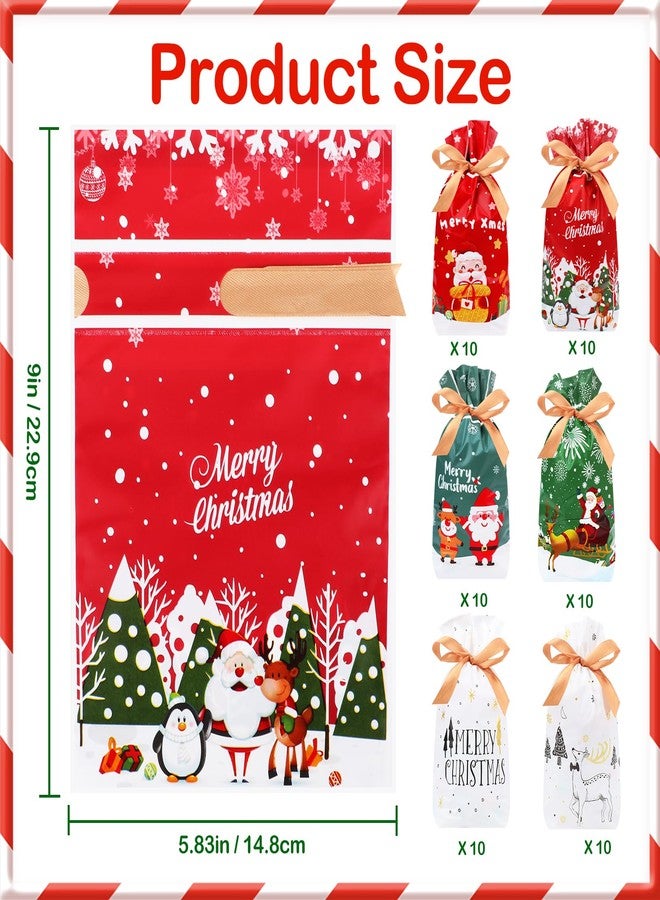 Coopay 60 Pcs Christmas Drawstring Gift Bags, 5.83” x 9” Christmas Treat Bags, 6 Styles Drawstring Candy Cookie Wrapping Packing with Ribbon for Holiday Goodie Homemade Gift Giving Party Supplies - Image 2
