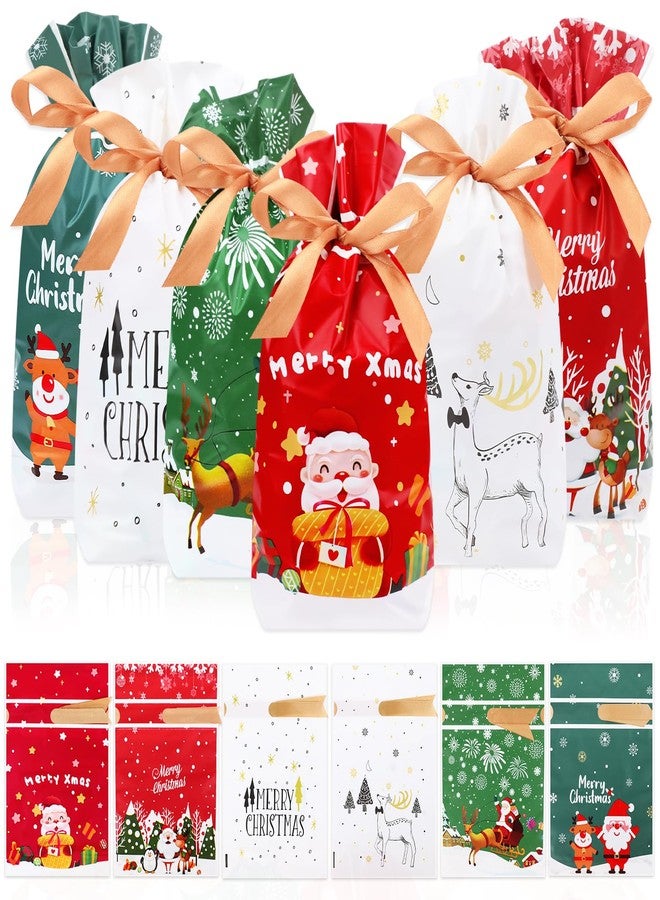 Coopay 60 Pcs Christmas Drawstring Gift Bags, 5.83” x 9” Christmas Treat Bags, 6 Styles Drawstring Candy Cookie Wrapping Packing with Ribbon for Holiday Goodie Homemade Gift Giving Party Supplies - Image 1