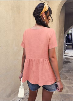 Loquat Solid Color T-shirt Top Short Sleeve Lace Stitched Pink  - Image 2