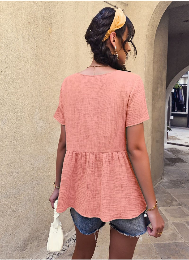 Loquat Solid Color T-shirt Top Short Sleeve Lace Stitched Pink  - Image 2