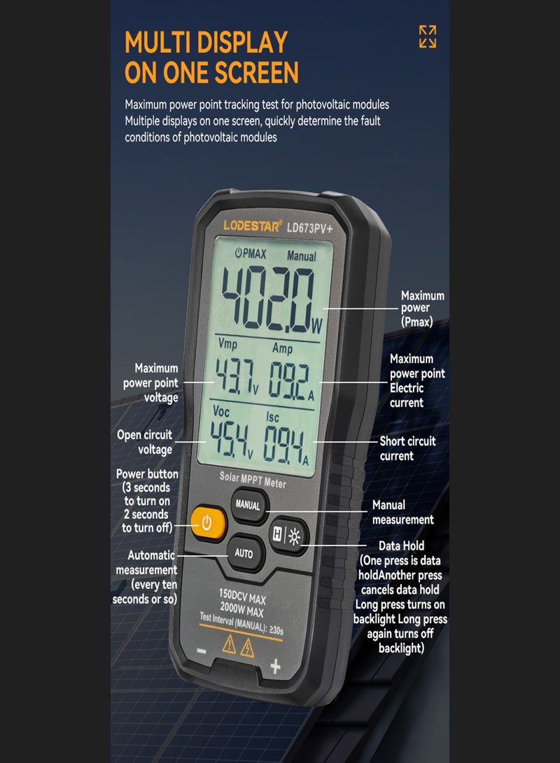 لودستار جهاز اختبار الطاقة القصوى للوحة الشمسية بقدرة 2000 واط مع قياس MPPT، واختبار Pmax Voc Isc، وشاشة بإضاءة خلفية 3.2 بوصة، وأسلاك اختبار MC4، ووضعين يدوي وتلقائي. - Image 4