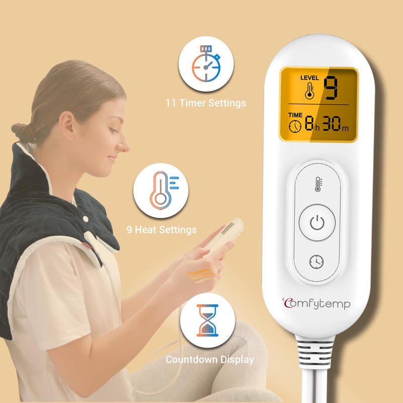 Comfytemp Heating Pad for Neck and Shoulders and Back, 2.6lb Weighted Electric Heat Pad FSA Eligible, Large HSA Heated Wrap, 9 Heat Settings & 11 Timer, Birthday Gifts for Women Men Mom Dad, Black - Image 4