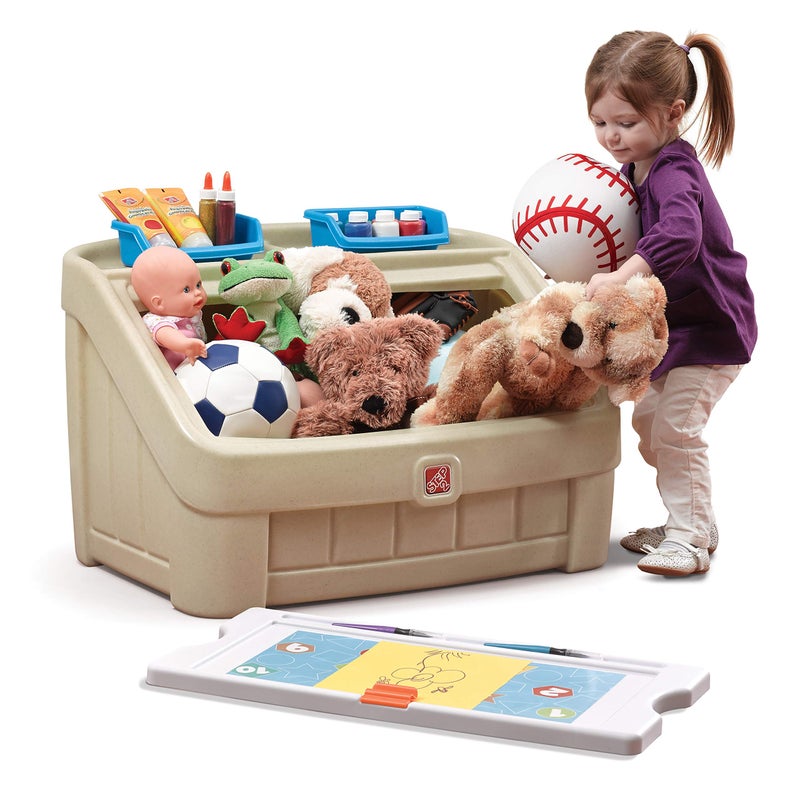 Step2 2-in-1 Toy Box & Art Lid, Kids Toy Storage Bin & Organizer, Easel & Chest in One, Made of Durable Plastic, For Toddlers 2+ Years Old, Tan - Image 2