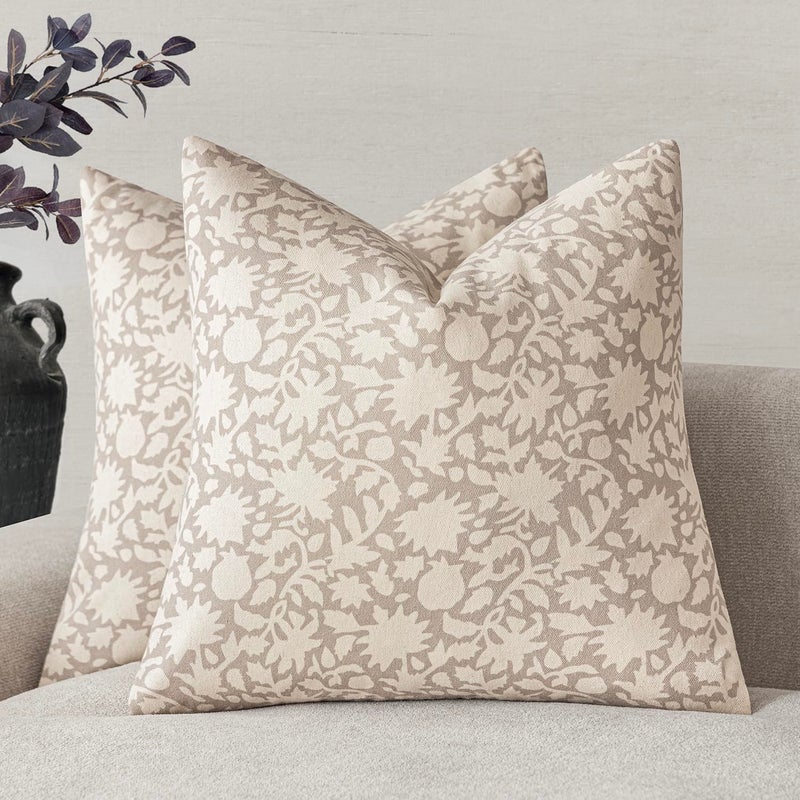 Foindtower Set of 2 Decorative Neutral Floral Throw Pillow Covers Accent Farmhouse Cushion Covers Boho Vintage Pillowcase for Couch Sofa Bedroom Living Room Home Decor,22Ã—22 Inch,Ivory Beige - Image 1