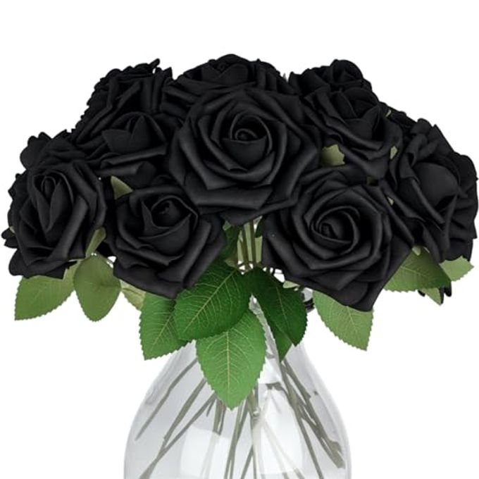 30PCS BLACK ROSES ARTIFICIAL FLOWERS WITH STEMS FOR WEDDING BOUQUETS PARTY AND GOTHIC DECORATION
