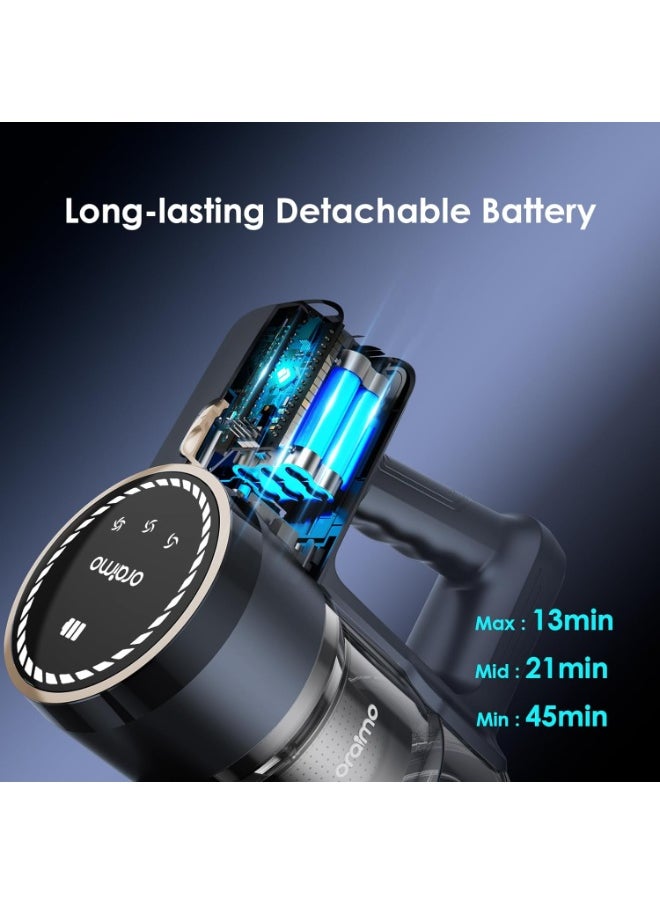 Oraimo Cordless Vacuum Cleaner 6 in 1, Upgraded 270W 24Kpa Brushless Motor, 45 Mins UL Listed Detachable Battery, 3 Power Suction, LED Display, Anti-Tangle Stick Hoover for Pet Hair Hard Floor Carpet
