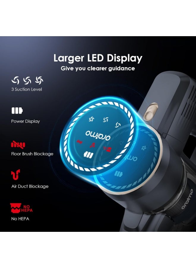 Oraimo Cordless Vacuum Cleaner 6 in 1, Upgraded 270W 24Kpa Brushless Motor, 45 Mins UL Listed Detachable Battery, 3 Power Suction, LED Display, Anti-Tangle Stick Hoover for Pet Hair Hard Floor Carpet