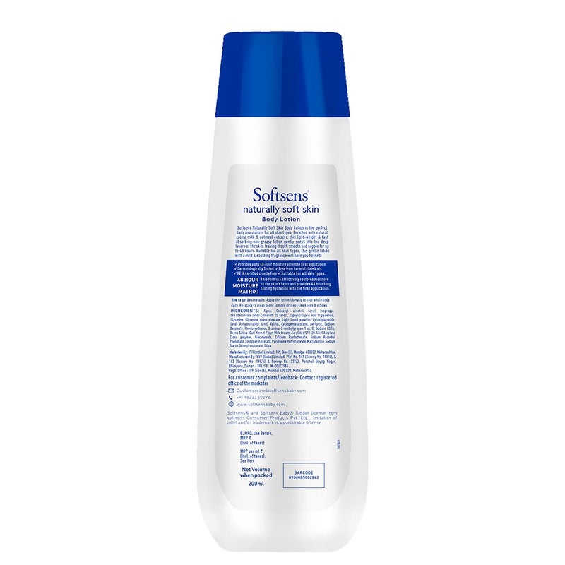 Softsens Naturally Soft Skin Body Lotion With Hydrating Milk Creme  Oats Extract  48H Moisturization  Parabens Sulfates SLS SLES Free 200ml - Image 1