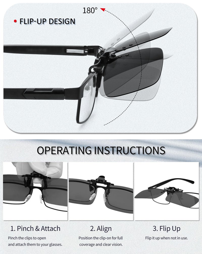 Joopin 2 Pack Polarized Clip on Sunglasses over Glasses, Rectangle Flip up Sun Glasses UV Protection Women Men (Black) - Image 4
