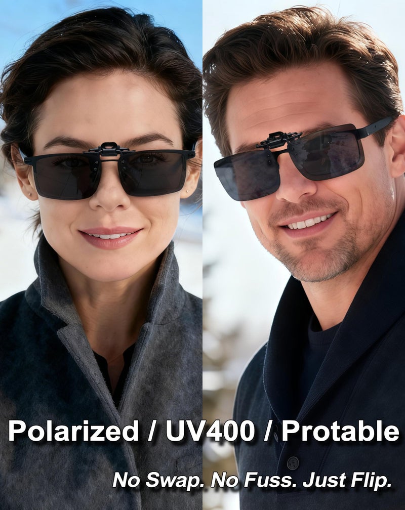 Joopin 2 Pack Polarized Clip on Sunglasses over Glasses, Rectangle Flip up Sun Glasses UV Protection Women Men (Black) - Image 2