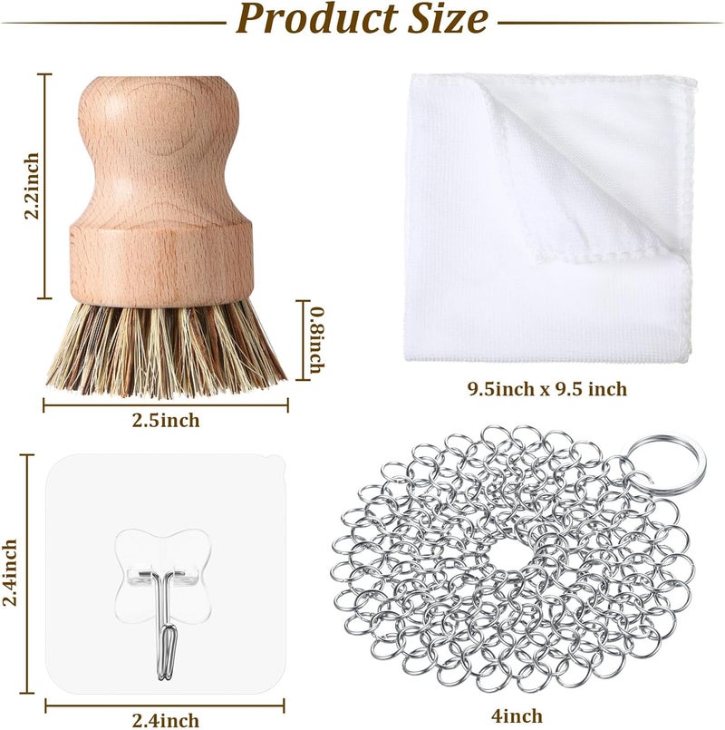 Patelai 7 Pieces Cast Iron Cleaner Set Include Stainless Steel Chainmail Scrubber with Bamboo Dish Scrub Brush Hot Handle Holder 2 Pan Grill Scrapers Kitchen Towel Wall Hook (Classic Color) - Image 2