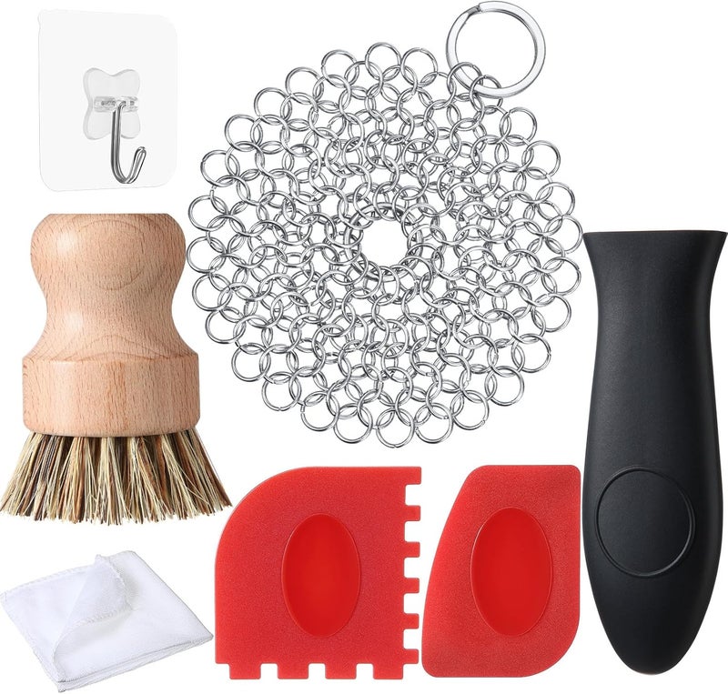 Patelai 7 Pieces Cast Iron Cleaner Set Include Stainless Steel Chainmail Scrubber with Bamboo Dish Scrub Brush Hot Handle Holder 2 Pan Grill Scrapers Kitchen Towel Wall Hook (Classic Color) - Image 1