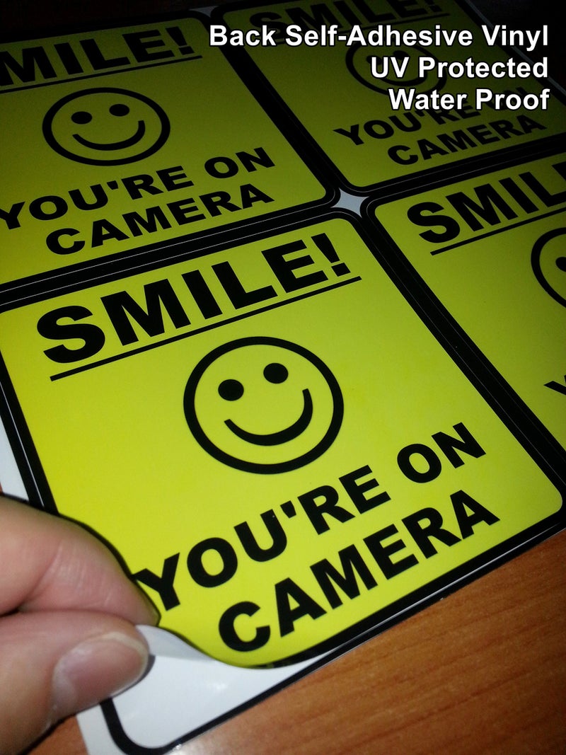 Outdoor/Indoor (4 Pack) 4" Wide X 4" high Home Business Smile You're ON Camera Yellow Window Door Warning Security Alert Sticker Decals **Back Self Adhesive Vinyl**