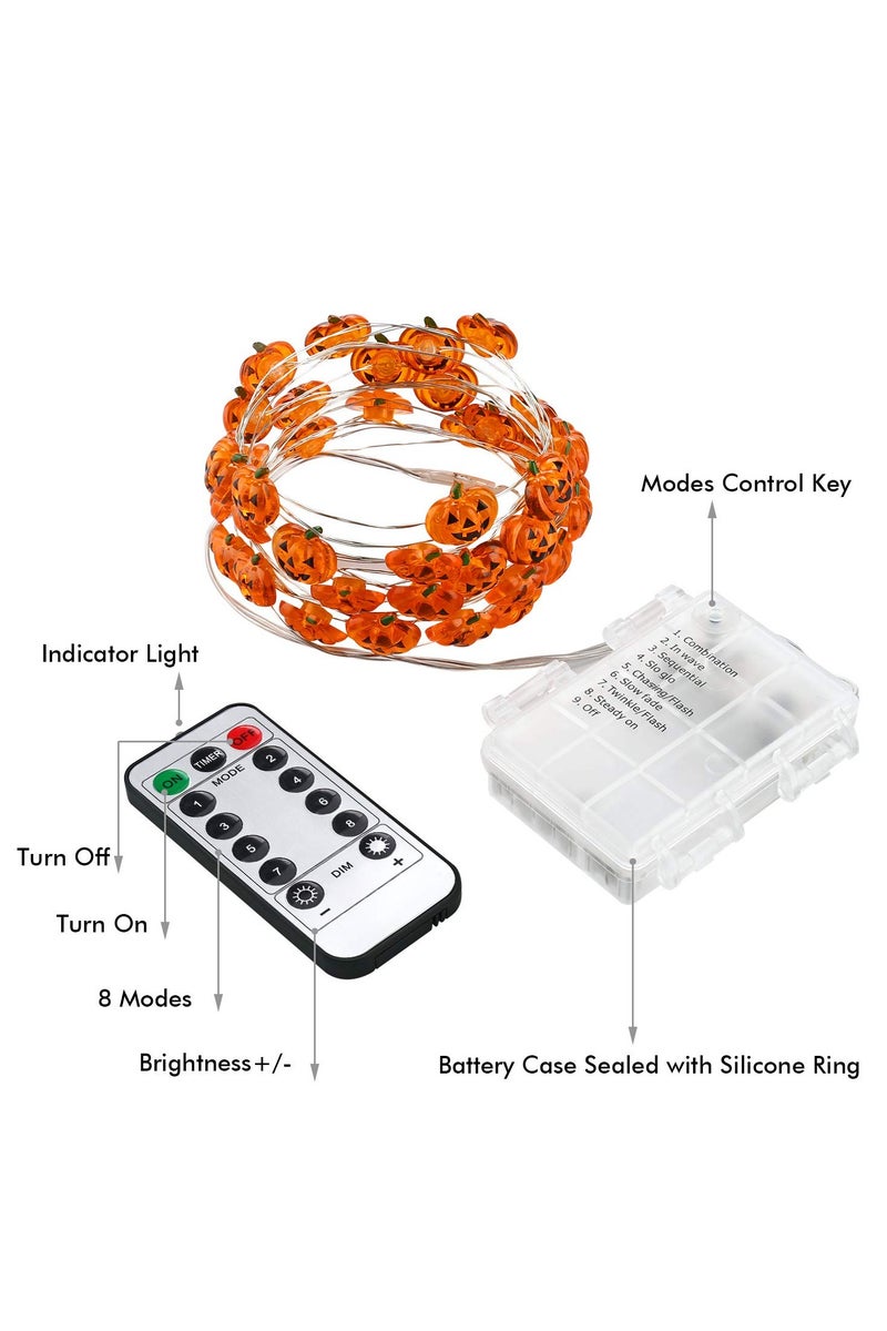 Chielor Pumpkin Halloween String Lights - 3M 30 LED Waterproof Battery Operated with 8 Modes with Remote & Timer, Flexible Copper Wire Jack-O-Lantern Lights for Warm White Halloween Party Decorations - Image 3