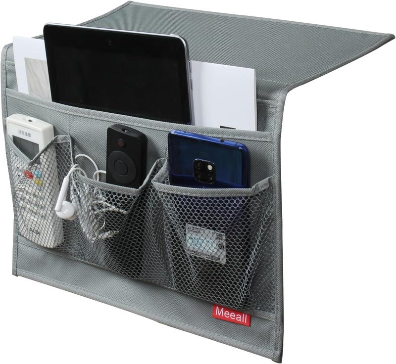 Meeall Bedside Storage Organizer with Pockets, Bedside Caddy, Table Cabinet Storage Organizer, TV Remote Control, Phones, Magazines, Tablets, Accessories, Grey - Image 1