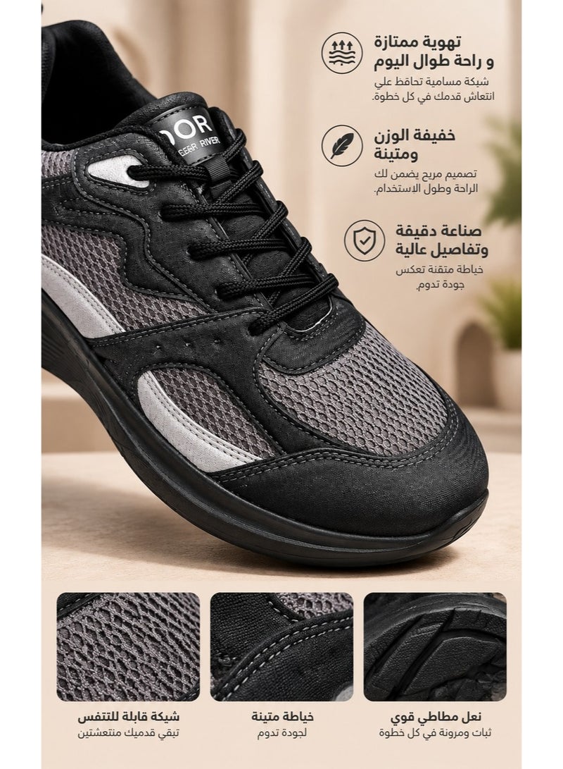 Amity Men's Walking Sneakers, Black Grey Mesh Patchwork, Breathable Lightweight Non-Slip Lace-Up Casual Trainers - Image 4
