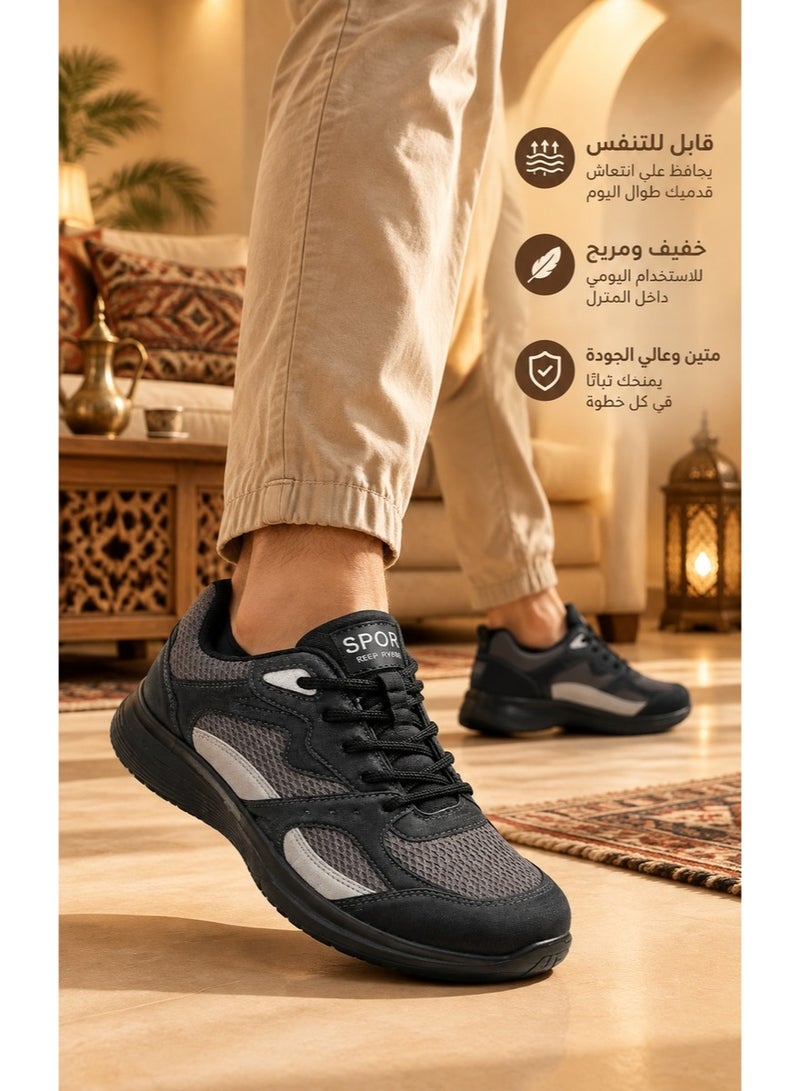 Amity Men's Walking Sneakers, Black Grey Mesh Patchwork, Breathable Lightweight Non-Slip Lace-Up Casual Trainers - Image 3
