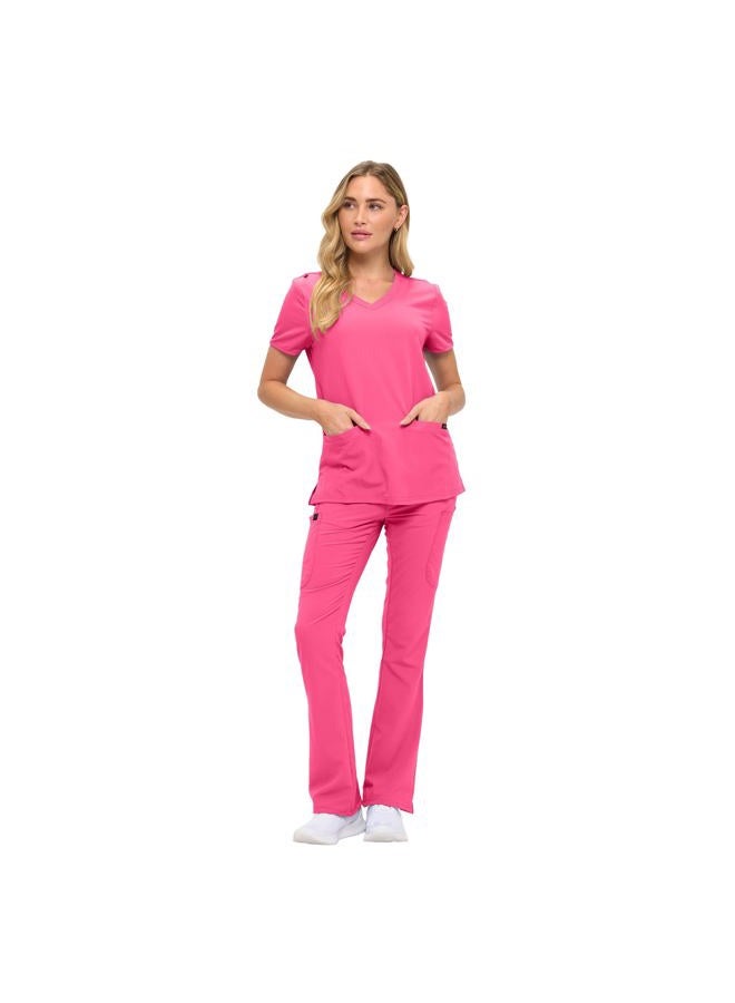 MONARCH UNIFORMS طقم سكراب نسائي ناعم وقابل للتمدد مع تسعة جيوب - قميص على شكل حرف V وسروال بخصر مرتفع - وردي فاقع - XL - Image 2