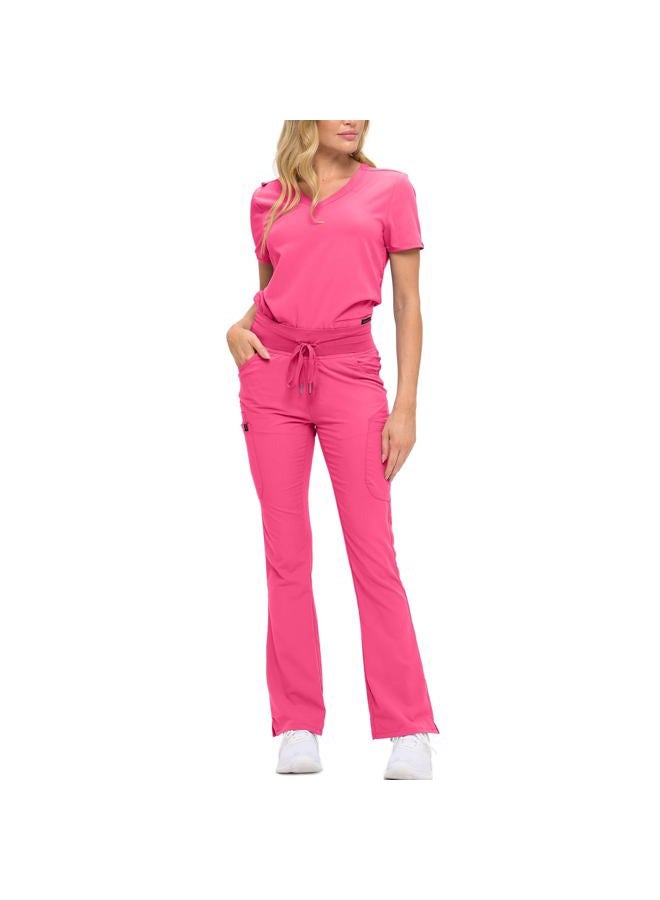 MONARCH UNIFORMS طقم سكراب نسائي ناعم وقابل للتمدد مع تسعة جيوب - قميص على شكل حرف V وسروال بخصر مرتفع - وردي فاقع - XL - Image 1