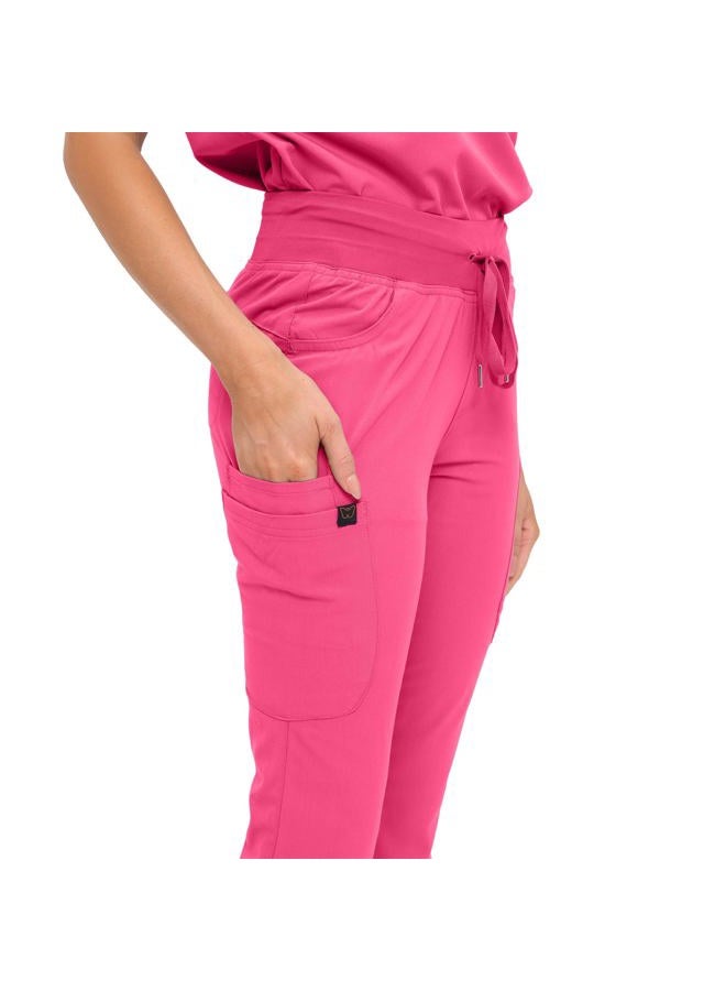 MONARCH UNIFORMS طقم سكراب نسائي ناعم وقابل للتمدد مع تسعة جيوب - قميص على شكل حرف V وسروال بخصر مرتفع - وردي فاقع - XL - Image 4