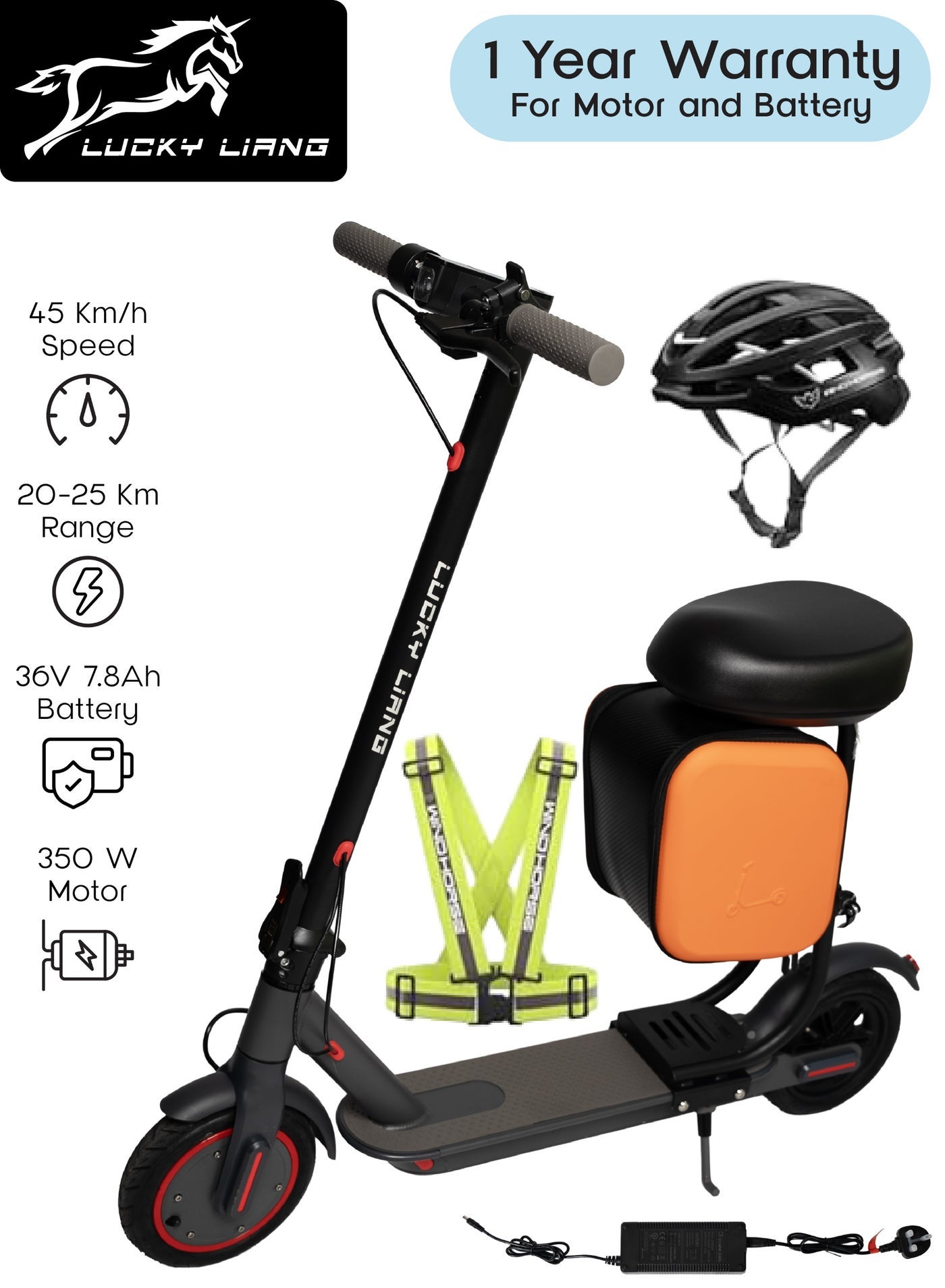 LUCKY LIANG L11 Plus Electric Folding Scooter with Seat, 350W Motor, 36V 7.8Ah Battery, 45KM/H Speed, 35KM Range, 8.5-Inch Road Tires, Aluminum Alloy Frame, 3-Speed Modes + Free Helmet & Vest