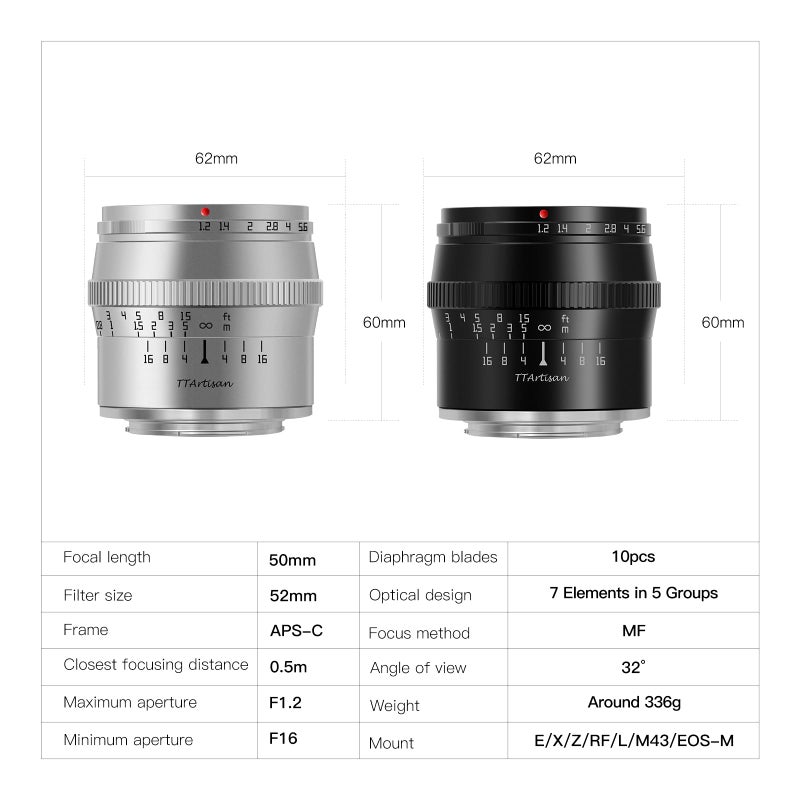 TTArtisan عدسة TTArtisan 50mm F1.2 APS-C يدوية التركيز فضية لكاميرات سوني E Mount مثل A5000 A5100 A6000 A6100 A6300 A6400 A6500 A6600 NEX-3 NEX-3N NEX-3R NEX-5T NEX-5R NEX-5 NEX-5N NEX-7 NEX-5C - Image 3