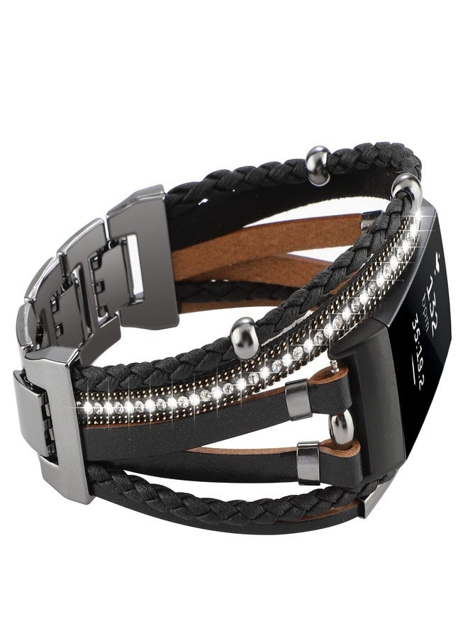 يونورث سوار YONWORTH الجلدي الفاخر متوافق مع أساور Fitbit Charge 4 و3، أساور نسائية بوهيمية، أساور معصم، مجوهرات، سوار متعدد الطبقات بديل لملحقات 4/3/3SE (أسود أسود) - Image 1