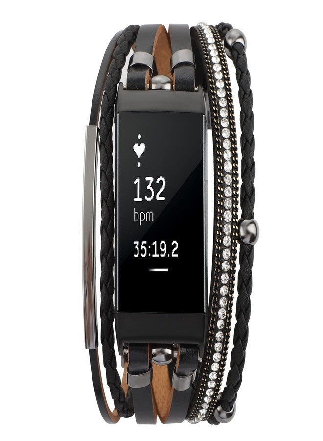 يونورث سوار YONWORTH الجلدي الفاخر متوافق مع أساور Fitbit Charge 4 و3، أساور نسائية بوهيمية، أساور معصم، مجوهرات، سوار متعدد الطبقات بديل لملحقات 4/3/3SE (أسود أسود) - Image 3