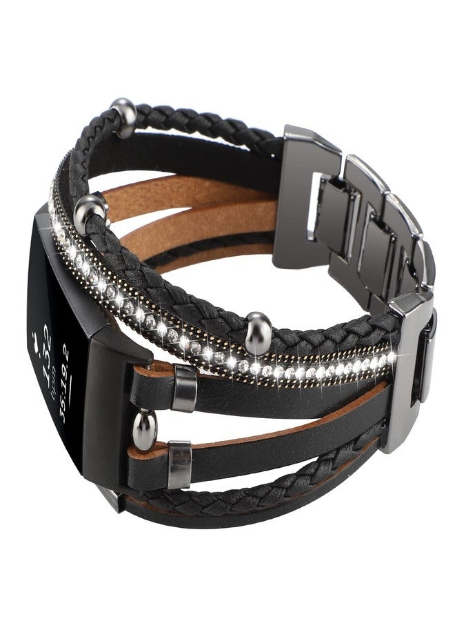 يونورث سوار YONWORTH الجلدي الفاخر متوافق مع أساور Fitbit Charge 4 و3، أساور نسائية بوهيمية، أساور معصم، مجوهرات، سوار متعدد الطبقات بديل لملحقات 4/3/3SE (أسود أسود) - Image 2
