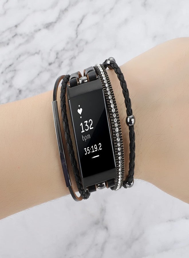 يونورث سوار YONWORTH الجلدي الفاخر متوافق مع أساور Fitbit Charge 4 و3، أساور نسائية بوهيمية، أساور معصم، مجوهرات، سوار متعدد الطبقات بديل لملحقات 4/3/3SE (أسود أسود) - Image 5