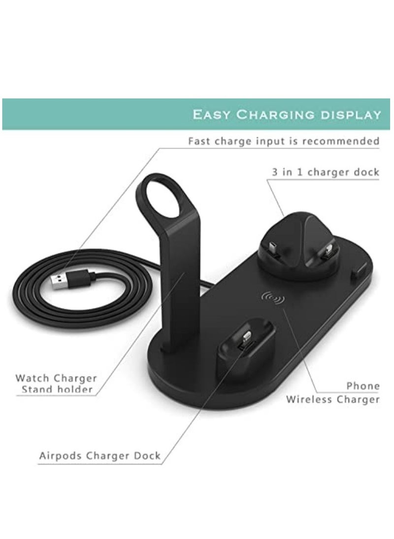 Multi-Function Charging Stand Compatible with iPhone, Android Micro USB & Type-C Phone Wireless 3 in 1 Rotatable Charging Dock - Black