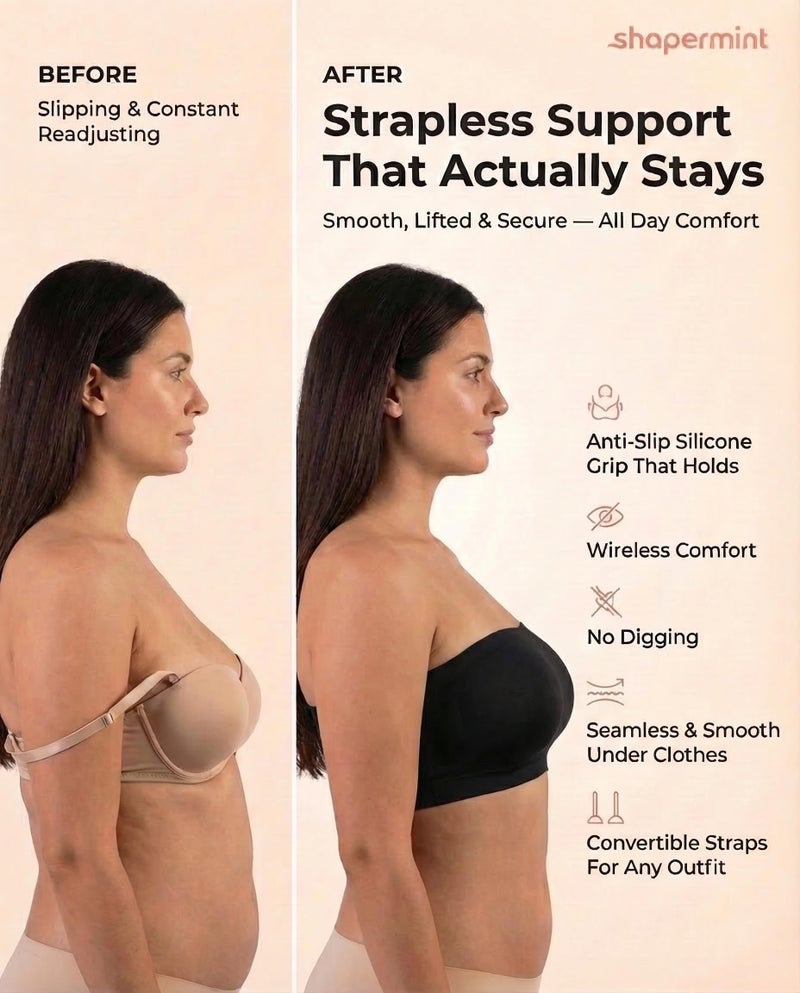 SHAPERMINT Strapless Bras for Women - Bandeau Bra, Small to Plus Size Bras for Women, Strapless Top Black - Image 5