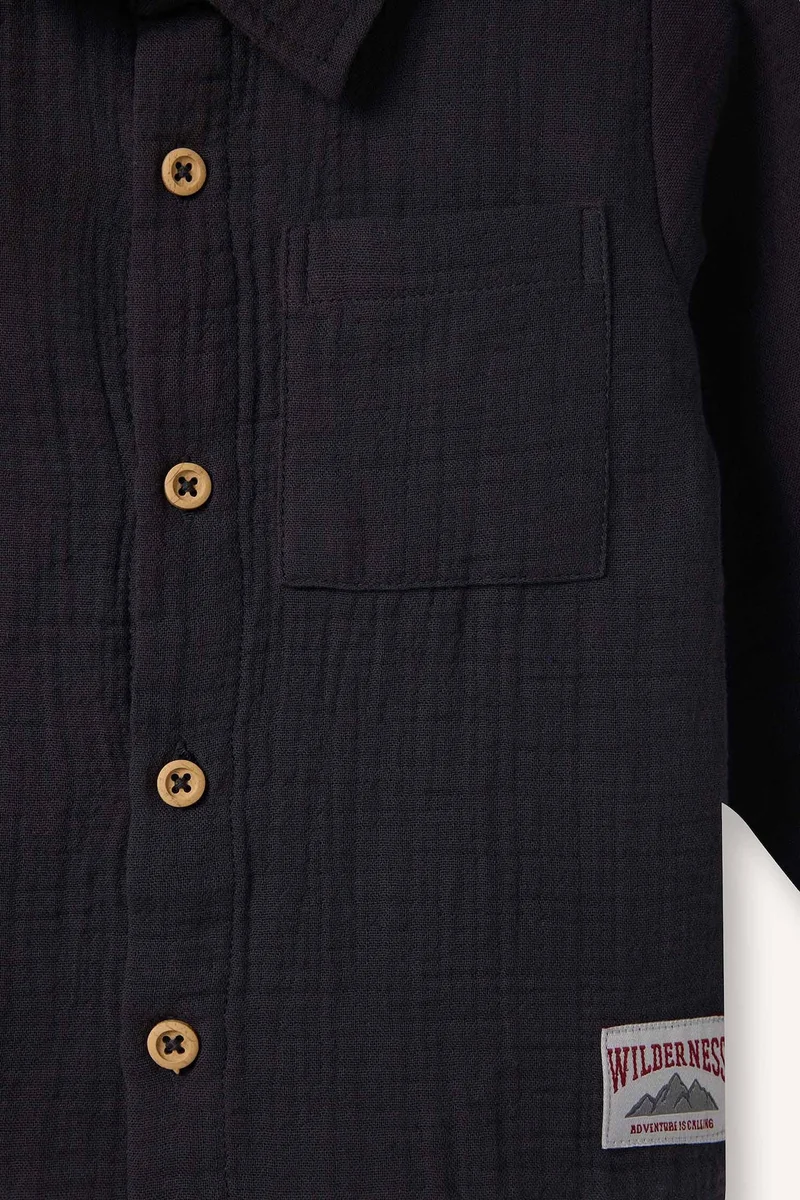 ديفاكتو Boy Polo Collar Muslin Long Sleeve Shirt