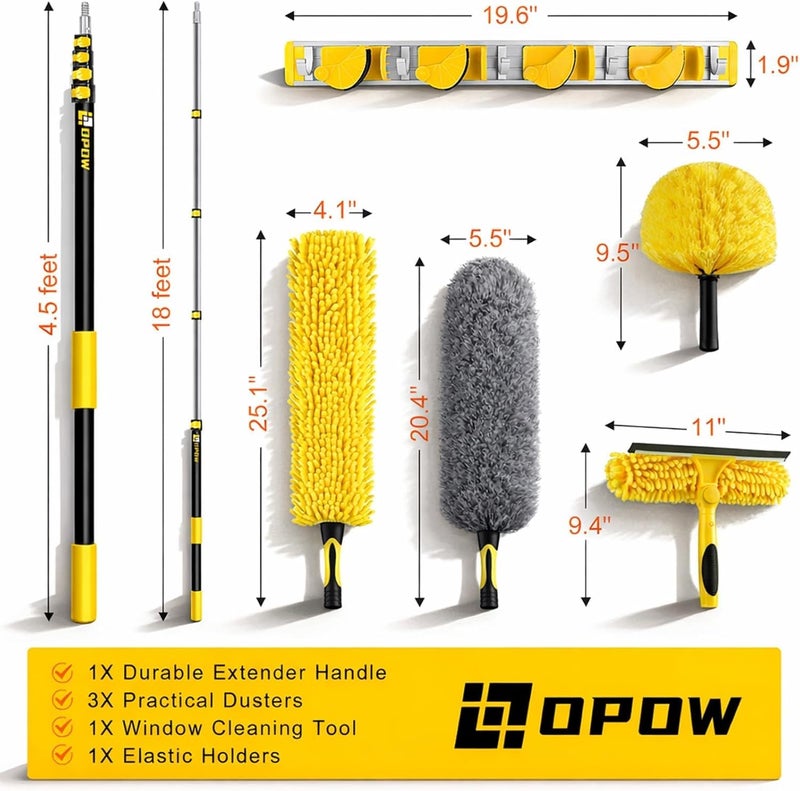 Opow 25 Foot High Ceiling Duster Kits with 5-18ft Heavy Duty Extension Pole, High Reach Duster for Cleaning,Microfiber Feather Duster,Cobweb Duster,Ceiling Fan Duster,Window Squeegee & Cleaner - Image 2
