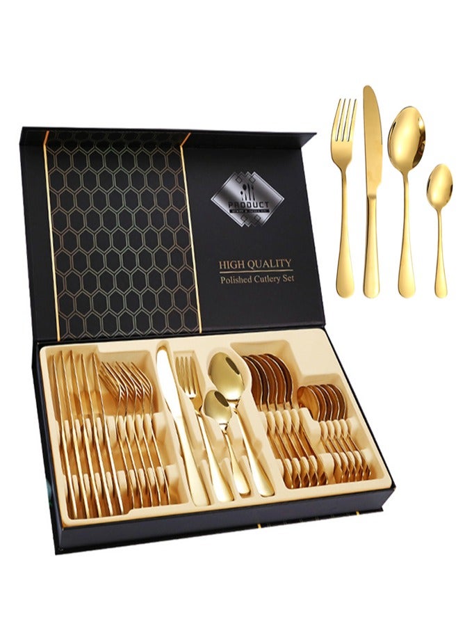 wowofa 24 piece cutlery set dishwasher safe gold cutlery gift box includes fork, spoon, knife, coffee spoon suitable for family gatherings, birthday parties  - Image 1