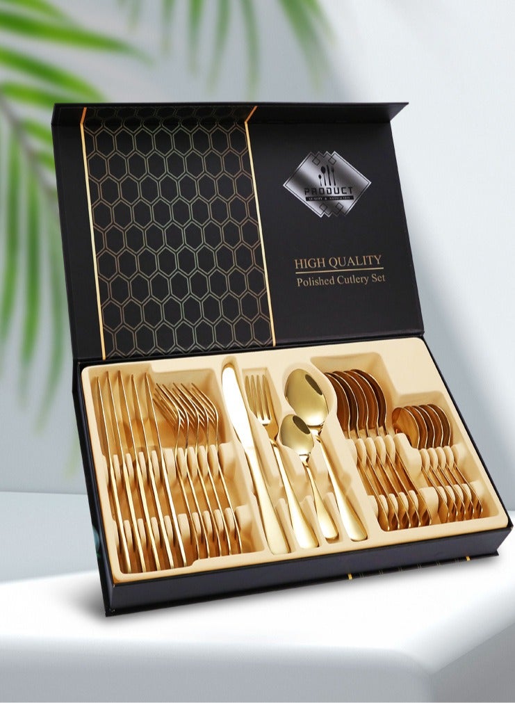 wowofa 24 piece cutlery set dishwasher safe gold cutlery gift box includes fork, spoon, knife, coffee spoon suitable for family gatherings, birthday parties  - Image 3