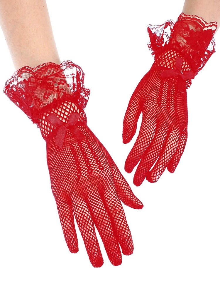 قفازات مرتدة نسائية أنيقة وقفازات صيفية قصيرة لحفلات عشاء الزفاف (حمراء) - Image 2