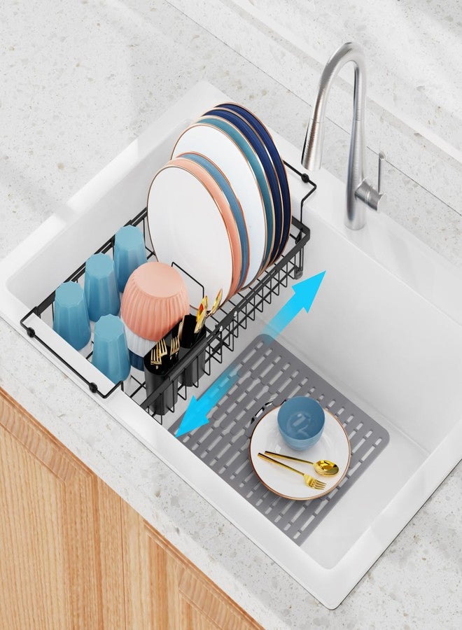 iSPECLE Expandable Dish Drying Rack with Silicone Sink Protector for Large Kitchen Sink, Rust Resistant Adjustable Dish Drainer with Tightening Knob, 12.8" W x 15.8"-20.7" L, Black - Image 1