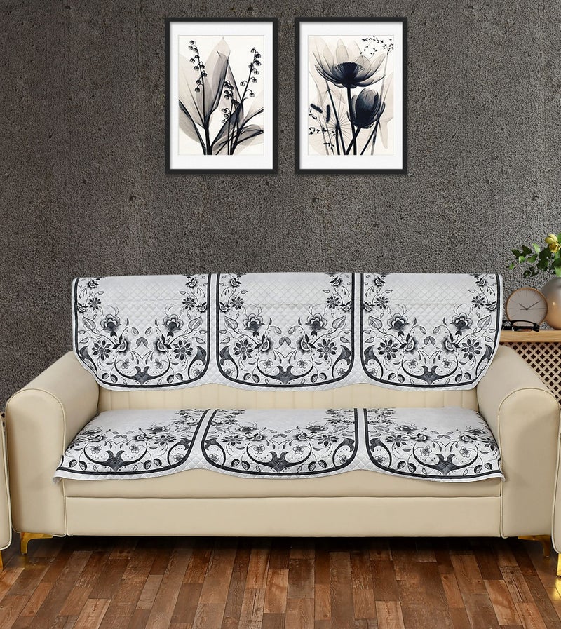 Yellow Weaves Velvet 3 Seater Quilted Sofa Cover, Floral Design, Seat & Back Cover, Color - Grey - Image 1