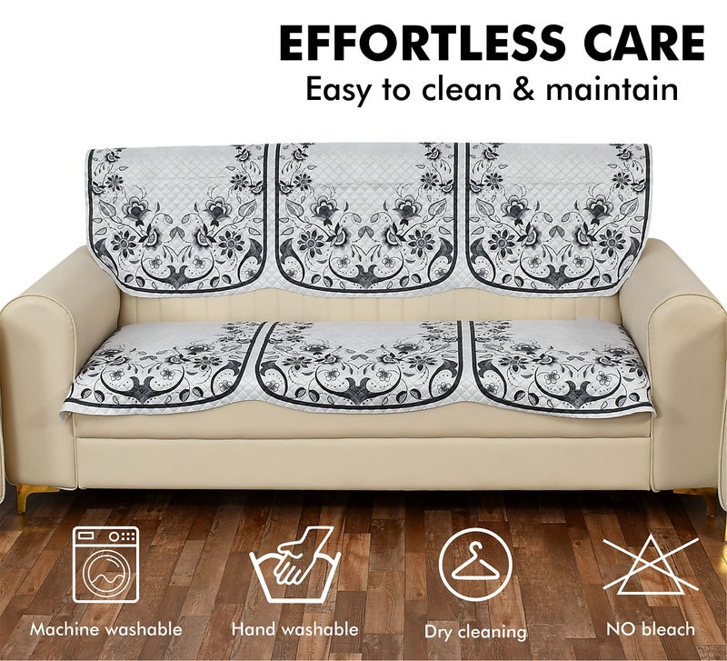 Yellow Weaves Velvet 3 Seater Quilted Sofa Cover, Floral Design, Seat & Back Cover, Color - Grey - Image 2