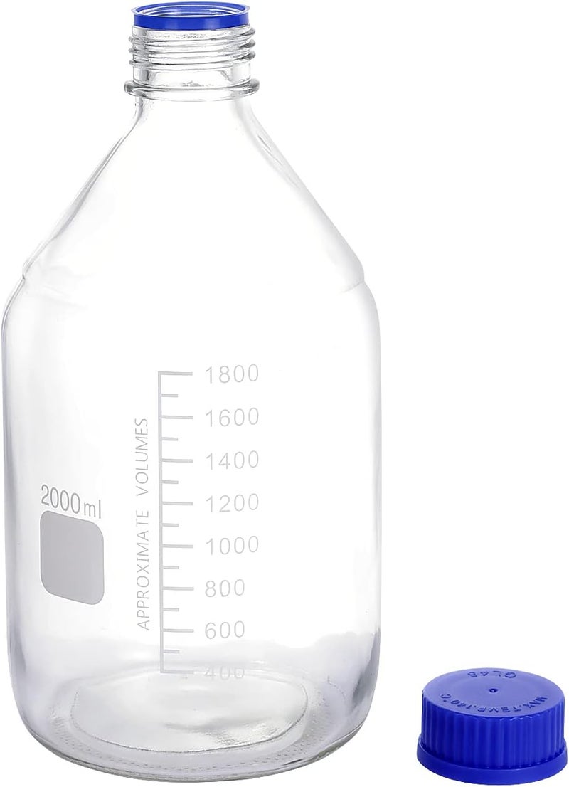 Pastein 2000 mL (2 Liter) Graduated Round Reagent Media/Storage Glass Bottle With GL45 Blue Polypropylene Screw Cap - Image 3