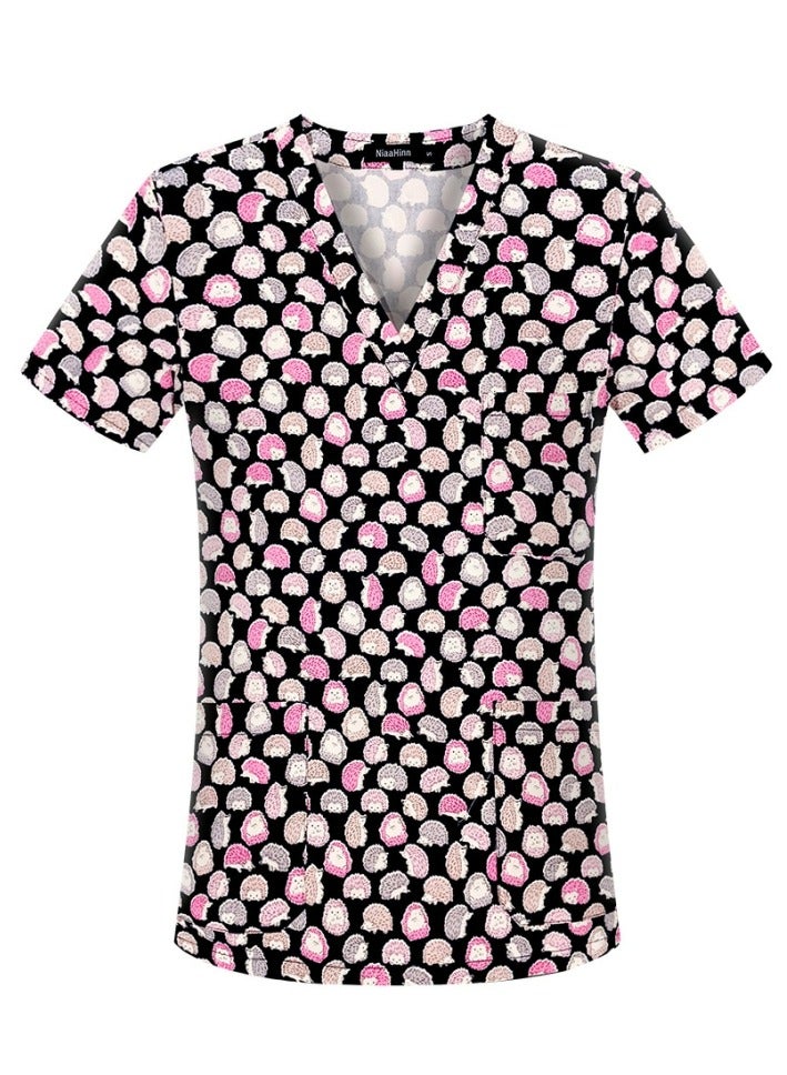Loquat Cartoon Printed V-Neck Medical Uniform Scrubs Top Comfty Soft Workwear