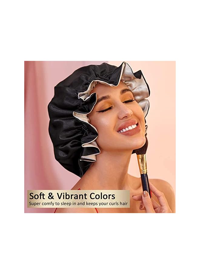 Zaboon Cap Silk Sleep Bonnets For Hair Women Satin Sleep Bonnet For Natural Hair Extra Large Double Layer Reversible Adjustable Soft Night Sleeping Cap For Women Haircare Black - Image 2