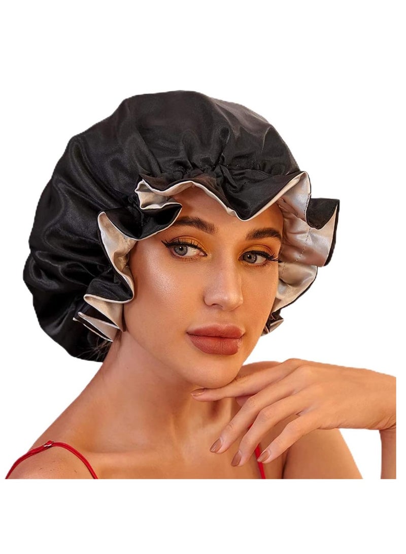 Zaboon Cap Silk Sleep Bonnets For Hair Women Satin Sleep Bonnet For Natural Hair Extra Large Double Layer Reversible Adjustable Soft Night Sleeping Cap For Women Haircare Black - Image 1