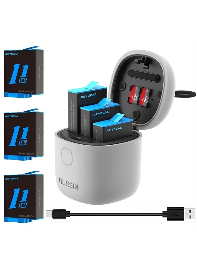 REYGEAK AllinBox Battery charger for Hero 11/10/9, High Speed USB 3.0 SD Card Reader Function, Waterproof Storage Carry Case for GoPro Hero 11/10/9 Black, IP54 grade waterproof (Charger + 3 batteries)  - Image 1